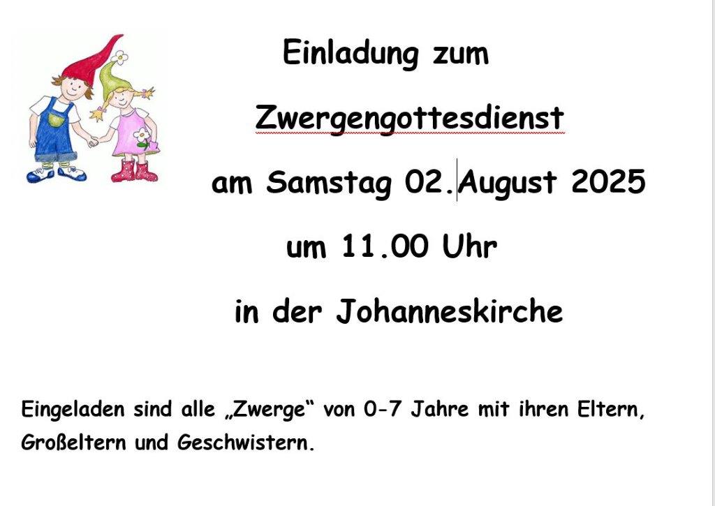 Zwergengottesdienst am 2. August um 11 Uhr in der Johanneskirche