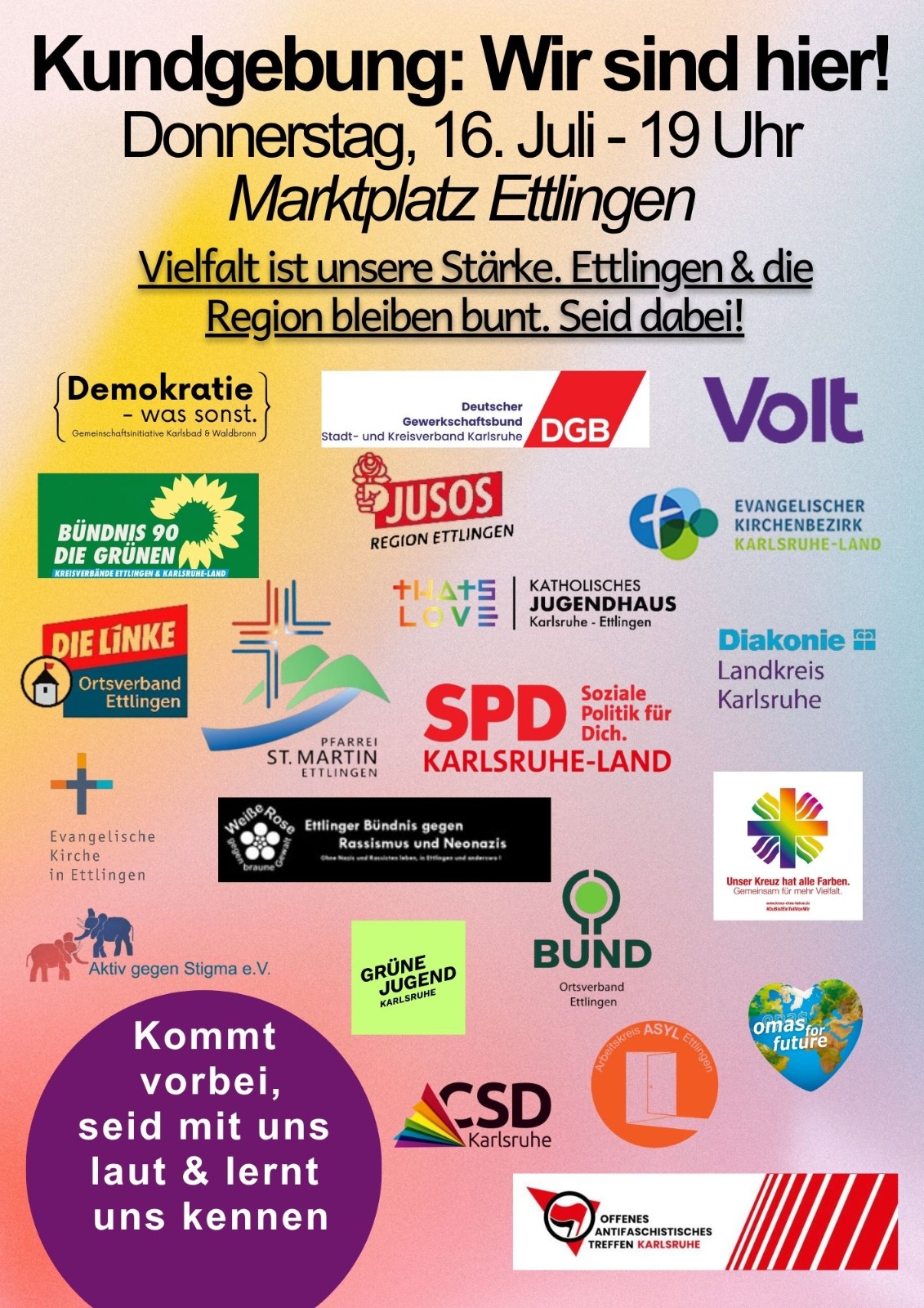 Kundgebung I WIR SIND HIER! I Demokratie I 16. Juli I 19 Uhr I Marktplatz Ettlingen